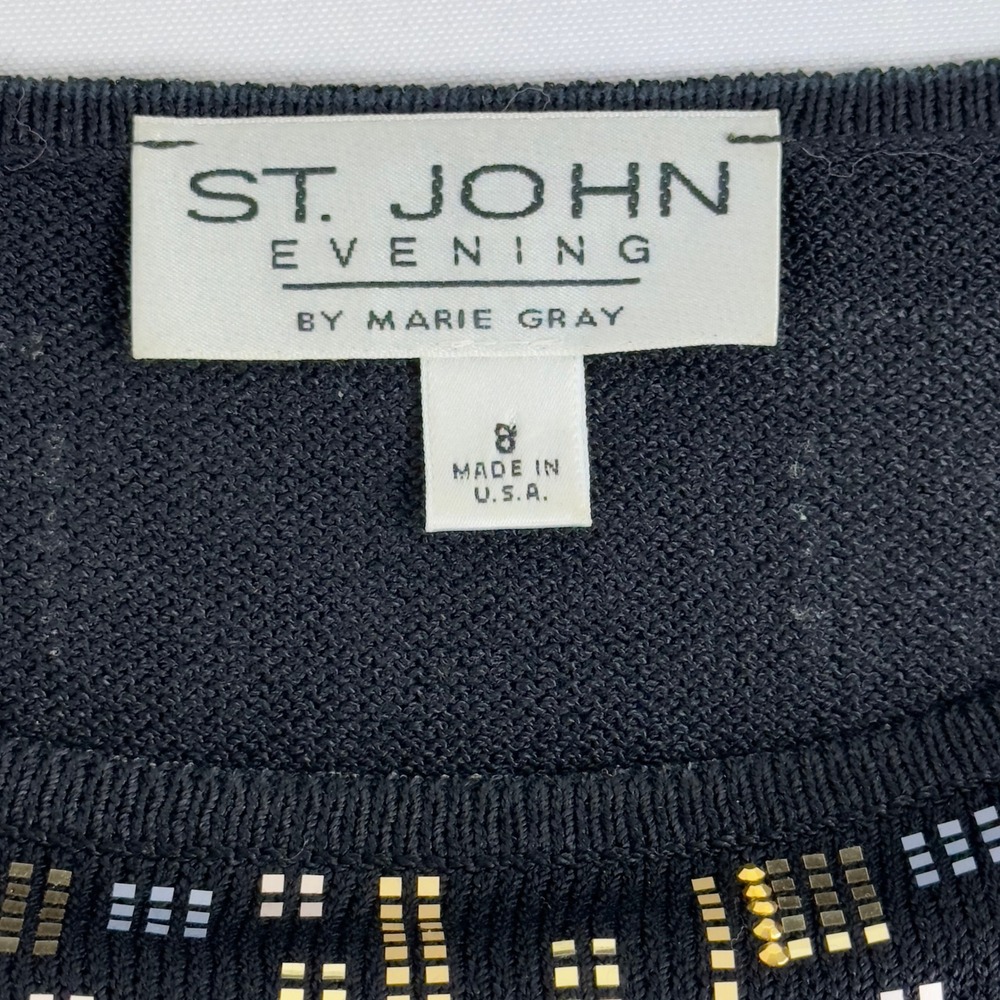 St. John Evening Embellished Geometric Knit Top Black Gold Size 8 USA - Picture 5 of 8